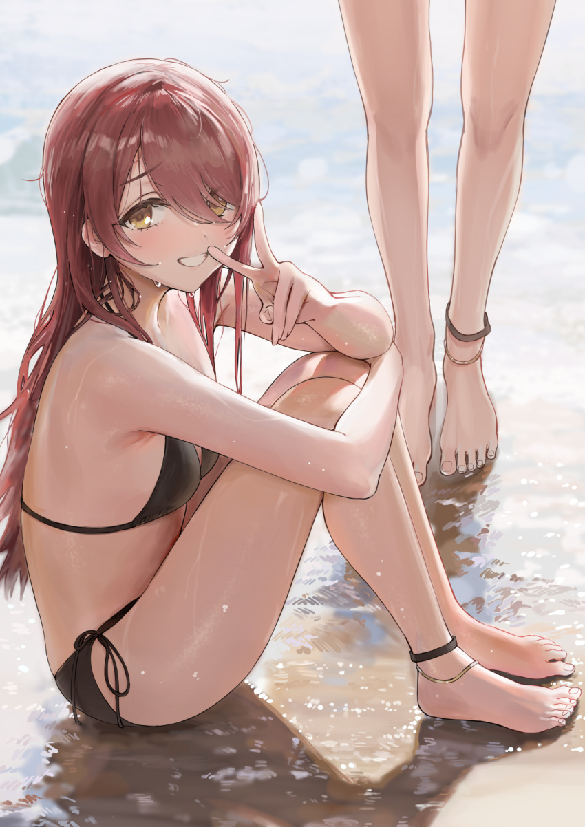 2girls ame_(uten_cancel) ankleband bare_arms bare_shoulders barefoot beach bikini black_bikini blush breasts brown_hair comiket_102 elbow_on_knee grin highres hugging_own_legs idolmaster idolmaster_shiny_colors knees_up legs_together long_hair looking_at_viewer looking_to_the_side multiple_girls on_ground osaki_tenka outdoors side-tie_bikini_bottom sitting small_breasts smile solo_focus straight_hair string_bikini swimsuit toes v very_long_hair water_drop wet wet_hair