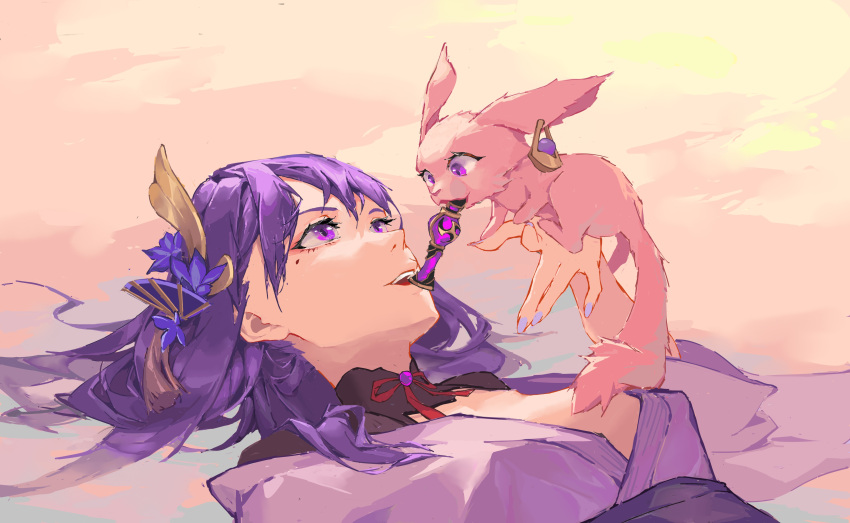 1girl absurdres animal_ears animal_nose animal_on_hand blunt_bangs earrings genshin_impact gnosis_(genshin_impact) hair_ornament highres japanese_clothes jewelry looking_at_another lying mole mole_under_eye mouth_hold on_back on_ground puddle purple_eyes purple_hair purple_nails raiden_shogun tail water yae_miko yae_miko_(fox) yuri