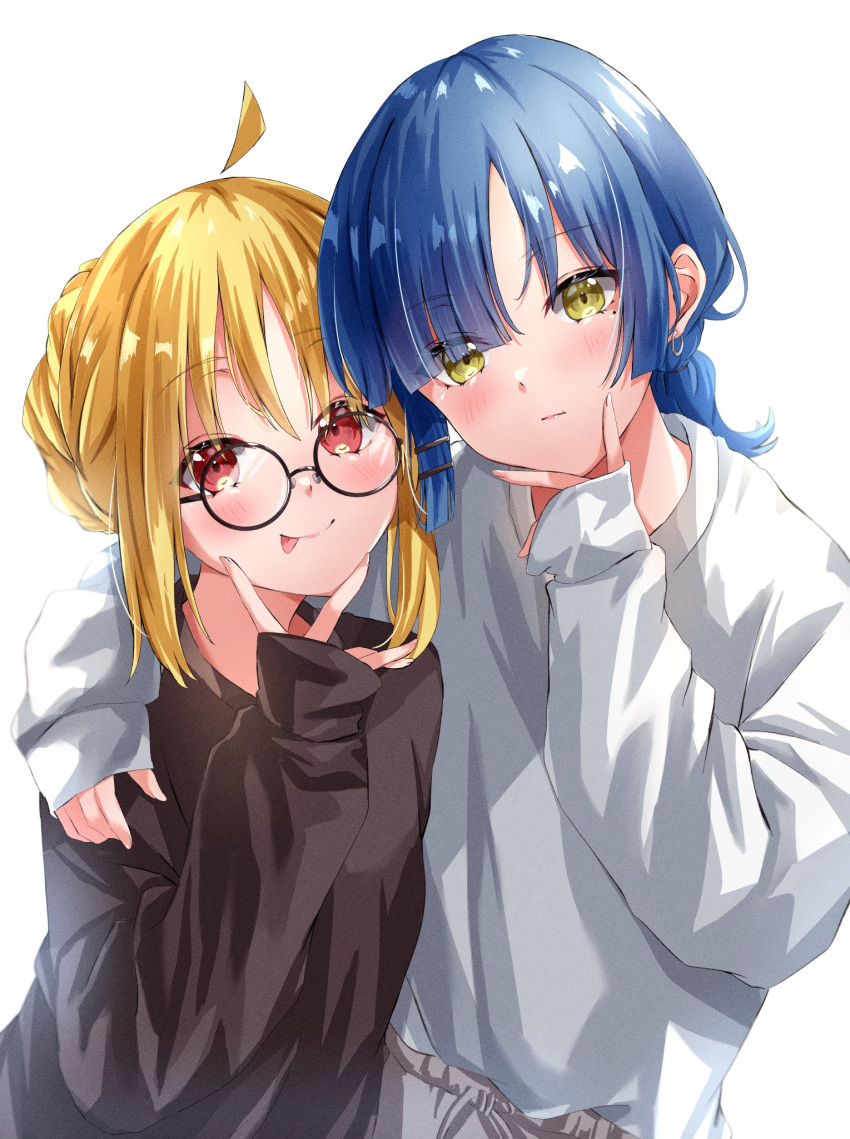 2girls :q ahoge arm_around_shoulder black_shirt blonde_hair blue_hair blush bocchi_the_rock! closed_mouth earrings green_eyes hair_bun hair_ornament hairclip hand_on_another's_shoulder hand_on_own_chin highres hug ijichi_nijika jewelry kikugawa_roku long_sleeves looking_at_viewer medium_hair multiple_girls red_eyes shirt simple_background tongue tongue_out twintails upper_body v white_background white_shirt yamada_ryo