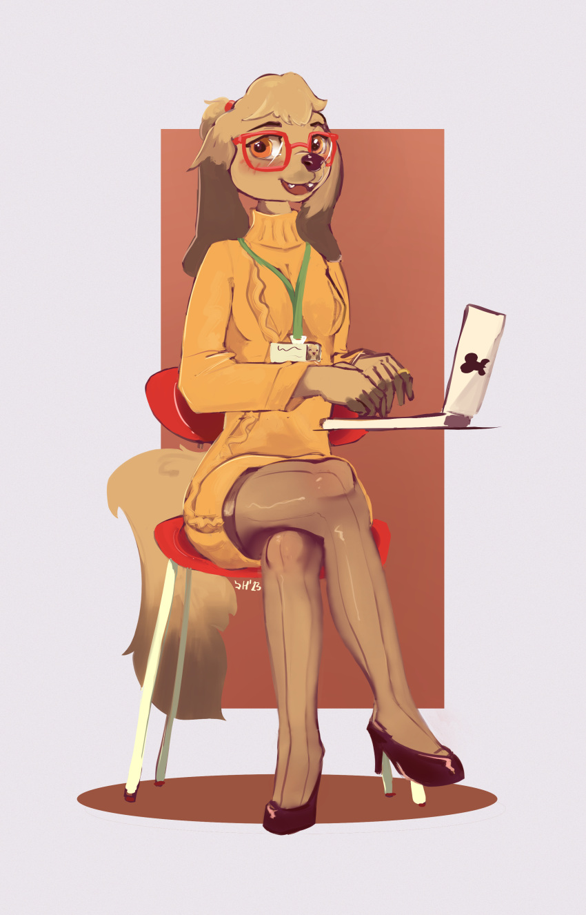 absurd_res anthro canid canine canis clothing computer domestic_dog drafthoof eyewear female footwear glasses hi_res high_heels laptop legwear mammal secretary sitting solo stockings