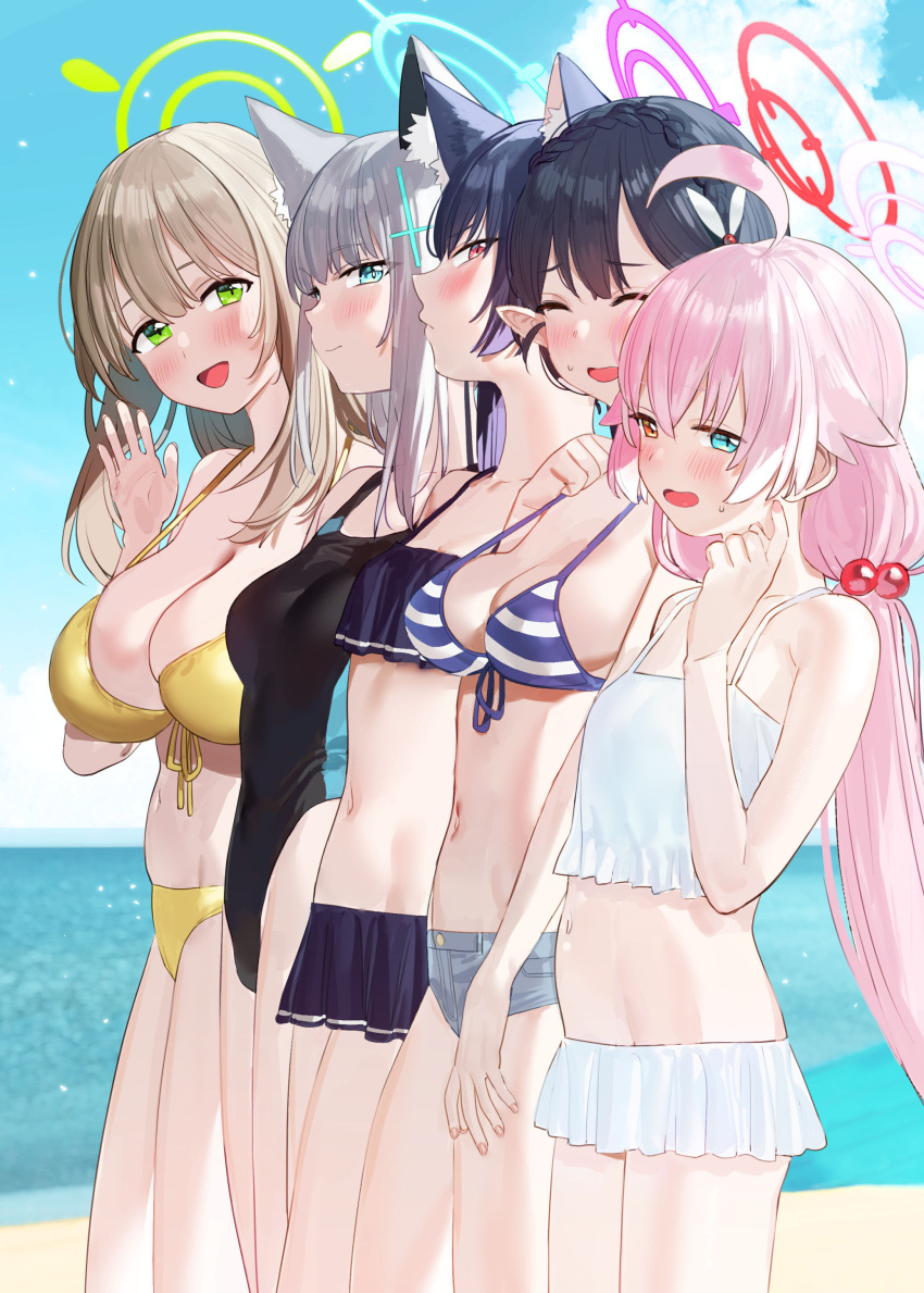 5girls absurdres ahoge animal_ear_fluff animal_ears ayane_(blue_archive) ayane_(swimsuit)_(blue_archive) beach bikini bikini_skirt bikini_top_only black_hair black_one-piece_swimsuit blue_archive blue_eyes blue_sky blush breasts brown_hair cat_ears cat_girl cleavage closed_eyes cloud collarbone commentary_request competition_swimsuit cross_hair_ornament day denim denim_shorts flower foreclosure_task_force_(blue_archive) frilled_bikini frills front-tie_top green_eyes grey_hair hair_bobbles hair_flower hair_ornament halo heterochromia highres horizon hoshino_(blue_archive) hoshino_(swimsuit)_(blue_archive) large_breasts light_brown_hair long_hair looking_at_viewer medium_breasts medium_hair mismatched_pupils multicolored_clothes multicolored_hair multicolored_swimsuit multiple_girls navel nonomi_(blue_archive) nonomi_(swimsuit)_(blue_archive) nose_blush ocean official_alternate_costume one-piece_swimsuit open_mouth outdoors pink_hair pointy_ears red_eyes sand serika_(blue_archive) serika_(swimsuit)_(blue_archive) shiroko_(blue_archive) shiroko_(swimsuit)_(blue_archive) short_hair short_shorts shorts sky small_breasts smile stomach string_bikini striped striped_bikini subachi sweatdrop swept_bangs swimsuit twintails water white_bikini wolf_ears yellow_bikini yellow_eyes
