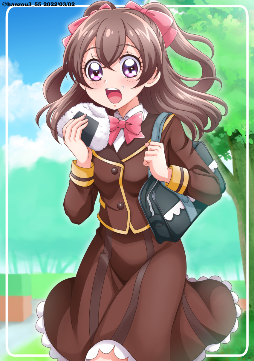 1girl bag blazer blue_sky border bow bowtie brown_hair brown_jacket brown_skirt carrying cloud cloudy_sky commentary dated day delicious_party_precure dress_shirt food food_on_face hair_ribbon hanzou highres holding holding_food jacket long_sleeves looking_at_viewer medium_hair medium_skirt nagomi_yui onigiri open_mouth outdoors precure purple_eyes red_bow red_bowtie red_ribbon ribbon rounded_corners school_bag shirt skirt sky solo standing tree twitter_username two_side_up white_border white_shirt wing_collar