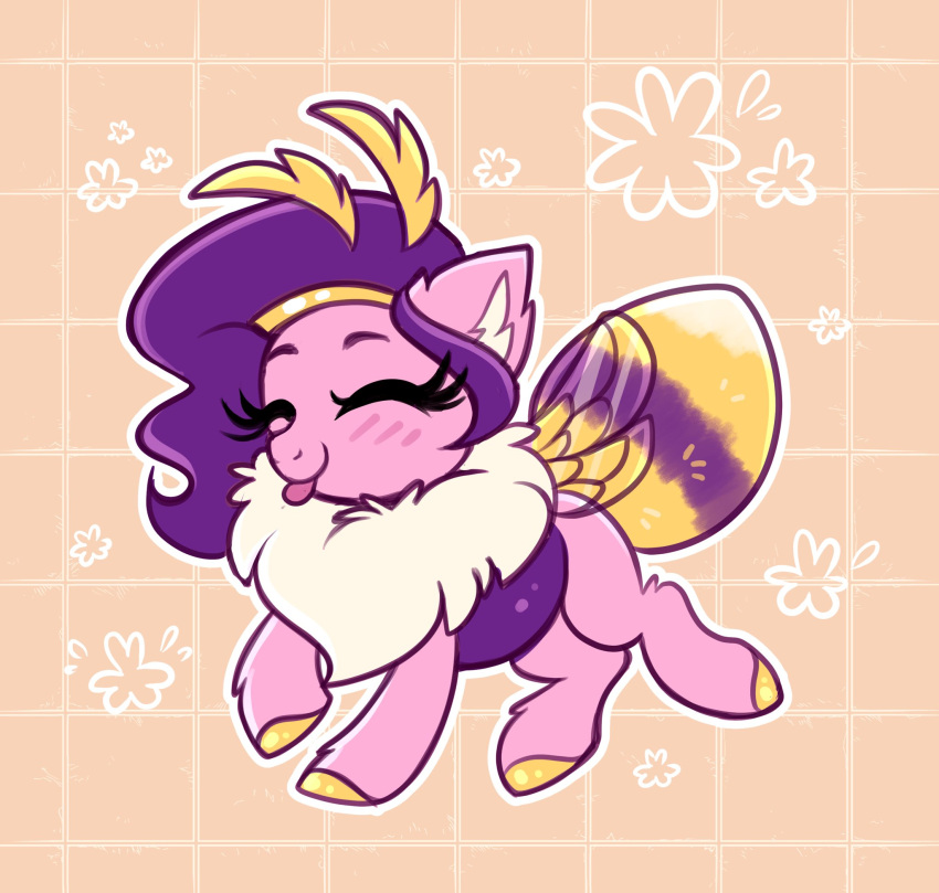 arthropod bee blush bumble_bee_(species) bumblebipp confetticakez equid equine eyes_closed female hair hasbro hi_res hooves hybrid hymenopteran insect insect_wings mammal mlp_g5 my_little_pony pipp_petals_(mlp) purple_hair tongue tongue_out wings