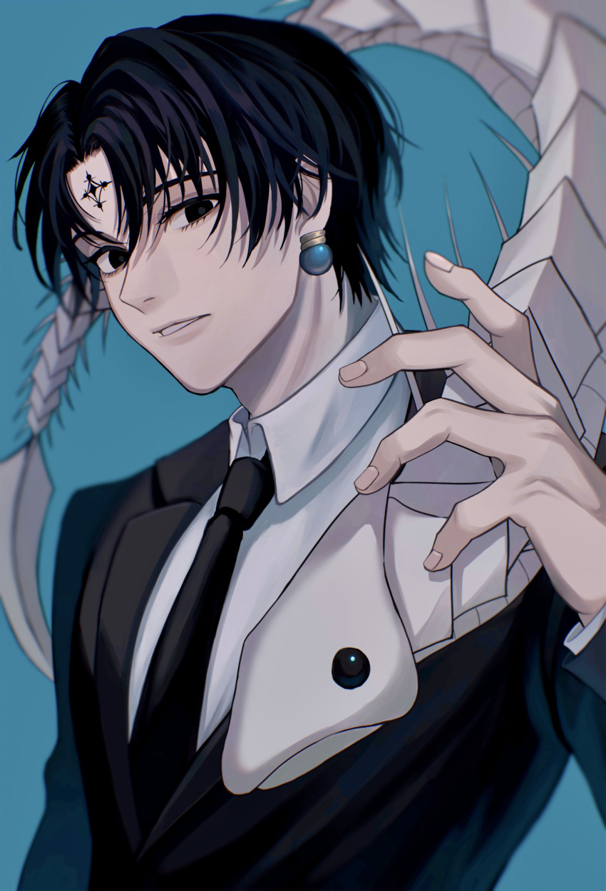 1boy absurdres aqua_background black_eyes black_hair black_jacket black_necktie black_suit blurry chrollo_lucilfer collared_shirt commentary cross_tattoo depth_of_field earrings facial_tattoo fingernails forehead_tattoo formal hair_between_eyes hand_up highres hunter_x_hunter indoor_fish jacket jewelry long_sleeves looking_at_viewer male_focus necktie nen_(hunter_x_hunter) parted_bangs parted_lips shirt short_hair simple_background solo_focus suit tattoo upper_body white_shirt yohane_(yohane007)