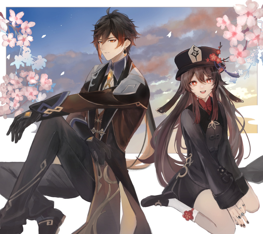1boy 1girl black_gloves brown_hair cherry_blossoms cloud cloudy_sky coattails flower-shaped_pupils gloves hat highres hu_tao_(genshin_impact) jacket multicolored_hair open_mouth ponytail porkpie_hat red_eyes seiza shirt sitting sky smile symbol-shaped_pupils teeth twintails upper_teeth_only yellow_eyes yyudouhu zhongli_(genshin_impact)