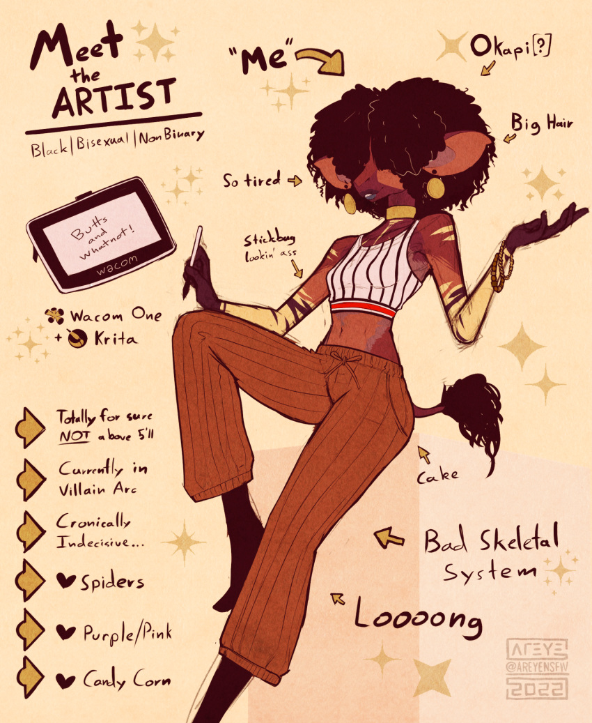 &lt;3 2022 abstract_background afro anthro areye_(artist) areye_(fursona) arrow_sign artist_name bare_shoulders bottomwear bracelet breasts brown_body brown_fur butt choker clothing drawing_stylus drawing_tablet ear_piercing ear_ring ellipsis english_text female female_anthro fur giraffid gloves_(marking) hair hair_over_eyes hi_res holding_stylus jewelry krita_(program) lips long_legs mammal markings midriff model_sheet navel necklace okapi pants pattern_clothing pattern_shirt pattern_topwear piercing question_mark raised_leg ring_piercing shirt simple_background slim small_breasts smile solo star striped_clothing striped_markings striped_shirt striped_topwear stripes tail tail_tuft tan_background tank_top text thick_lips topwear tuft wacom watermark wide_hips