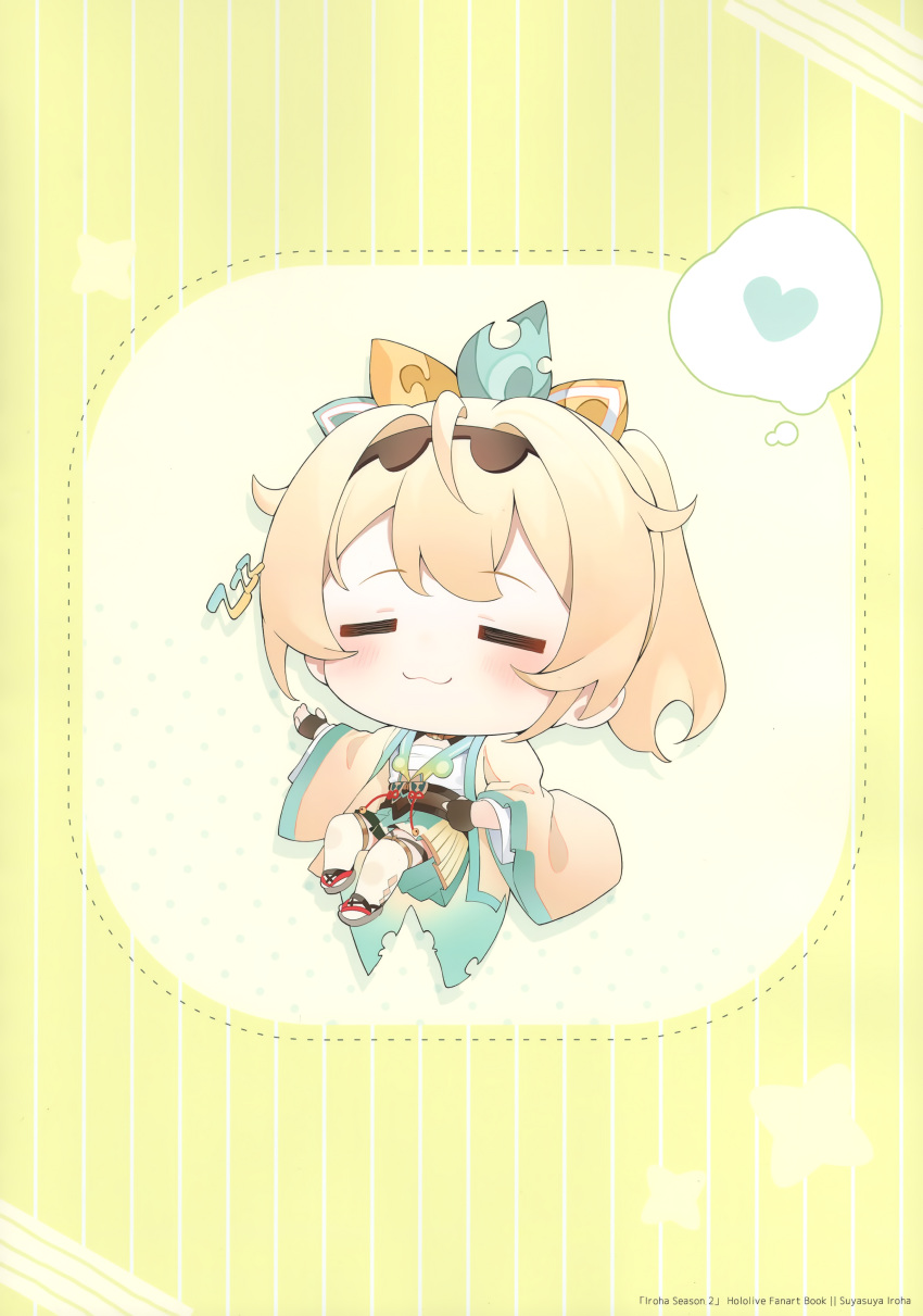 1girl absurdres blonde_hair blush chibi closed_eyes closed_mouth full_body hana_mori haori heart highres hololive japanese_clothes kazama_iroha lying on_back ponytail sandals scan skirt solo spoken_heart thighhighs thought_bubble virtual_youtuber white_thighhighs zzz