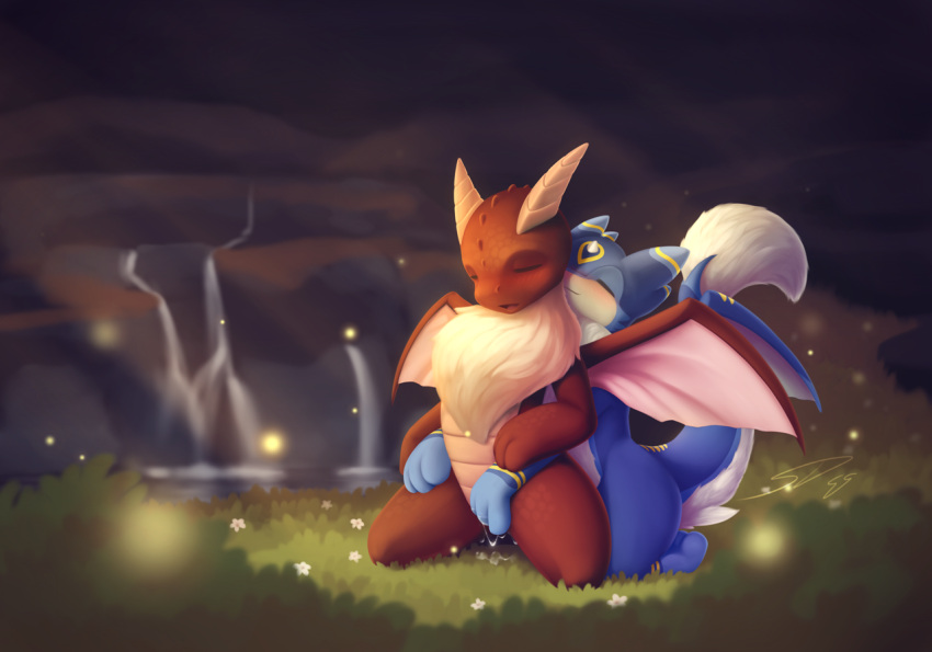 2019 3_fingers anthro anthro_on_anthro arthropod beetle blue_body blush chest_tuft countershading cuddling dragon duo elateroid eyes_closed female fingering fingers firefly from_behind_position fur grass horn insect kneeling kneeling_sex male male/female mika_(mikapoofs) mikapoofs night nyra_(mikapoofs) on_grass outside plant red_body sex signature spread_wings story story_in_description tuft vaginal vaginal_fingering waterfall white_body white_countershading white_fur white_wings wings