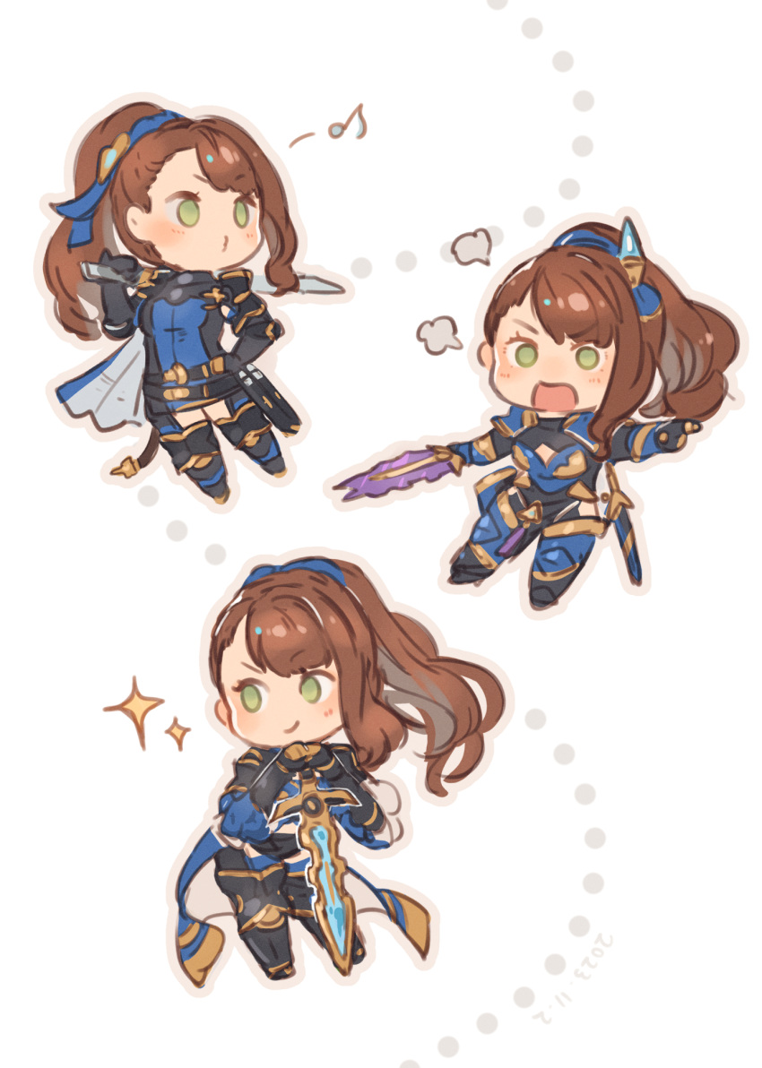 1girl beatrix_(granblue_fantasy) blue_cape blue_scarf brown_hair cape chibi d: granblue_fantasy green_eyes highres leaning_on_weapon multiple_persona musical_note open_mouth over_shoulder pointing ponytail puckered_lips scarf shimatani_azu smile sparkle spoken_musical_note sword sword_over_shoulder weapon weapon_over_shoulder whistling