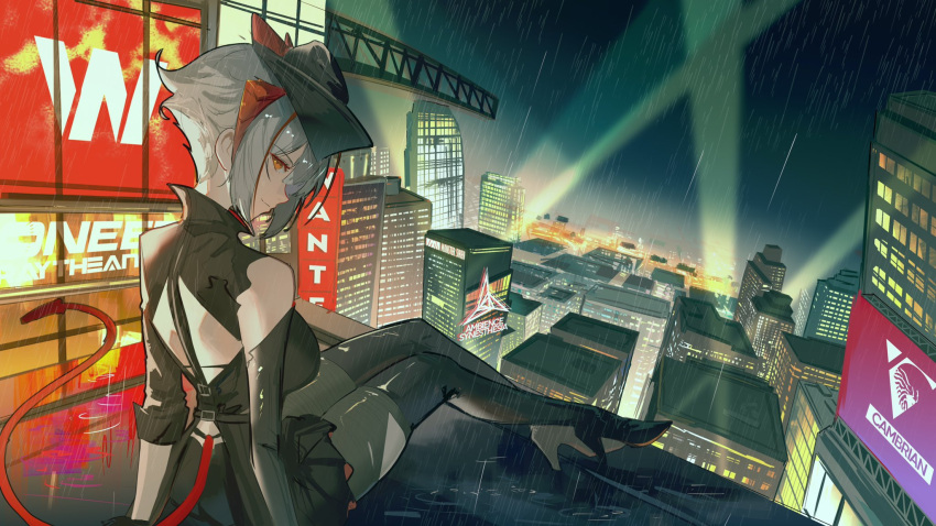 1girl ambience_synesthesia antenna_hair antennae arknights back backless_outfit bare_shoulders black_gloves black_skirt boots breasts building city cityscape crane_(machine) demon_girl demon_horns demon_tail elbow_gloves gloves grey_hair highres horns knee_boots looking_at_viewer looking_back naoel_(naoel_art) night night_sky on_roof outdoors pantyhose projector rain red_eyes red_hair short_hair sitting skirt sky skyscraper smile solo tail w_(arknights)