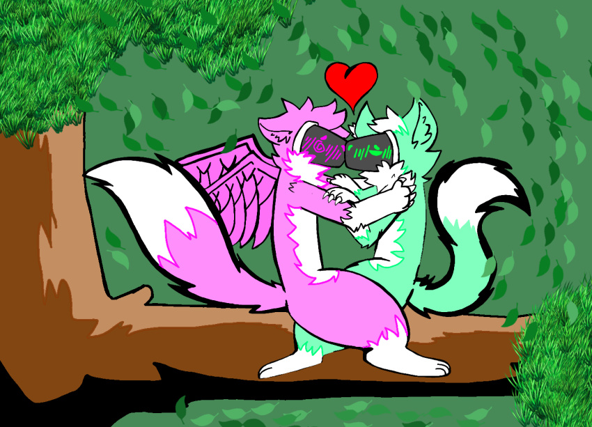 &lt;3 @///@ anthro blush duo fur ibispaintx kissing machine male male/male mint_fur pink_body pink_fur plant protogen simple_background starzytheprotogen233 tree white_body white_fur wings