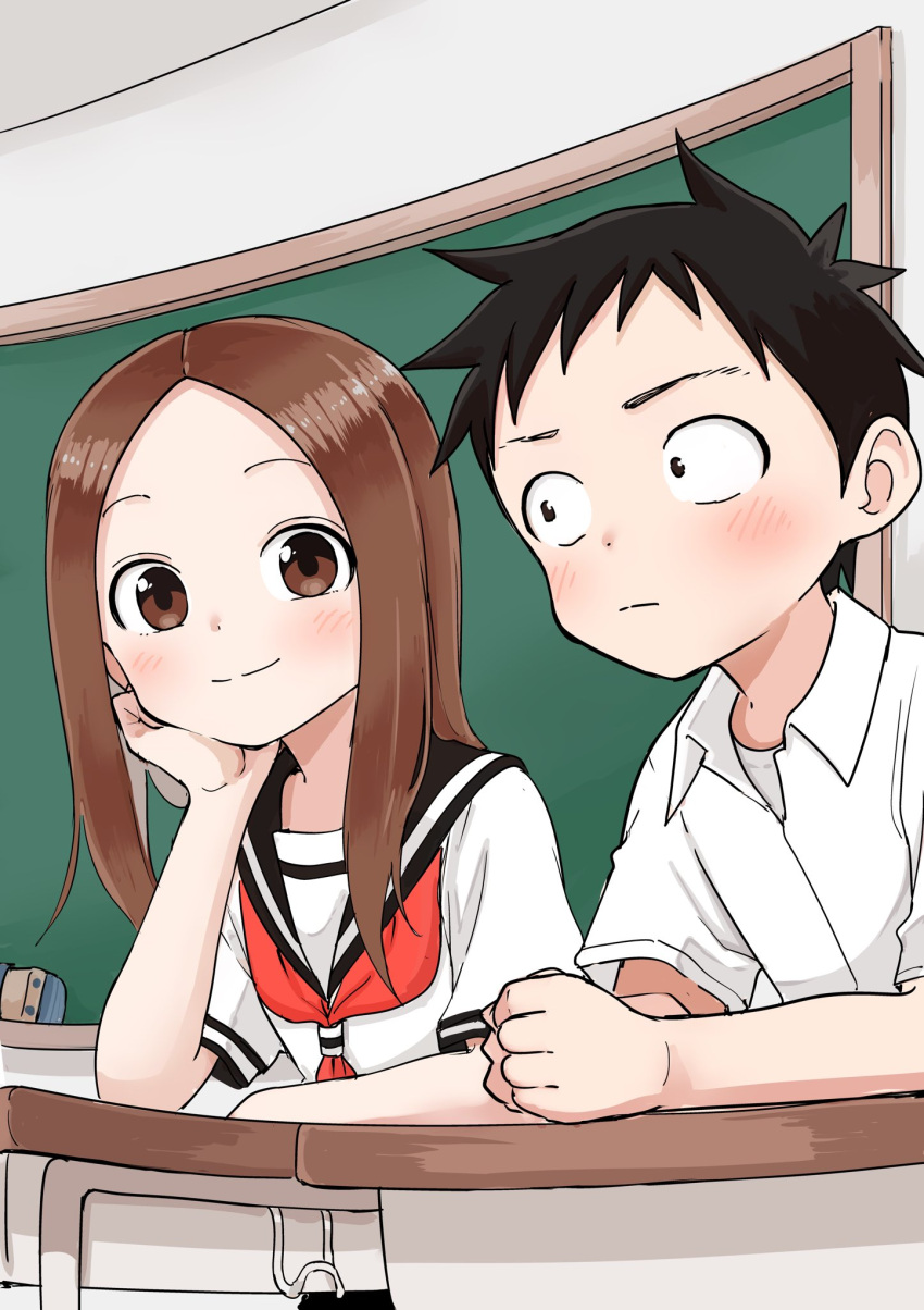 1boy 1girl black_hair black_sailor_collar blush brown_eyes brown_hair chalkboard classroom closed_mouth commentary_request desk hand_on_own_chin highres inaba_mifumi indoors karakai_jouzu_no_takagi-san long_hair looking_at_viewer maid_headdress neckerchief nishikata red_neckerchief sailor_collar school_desk school_uniform shirt short_hair sitting smile takagi-san white_shirt