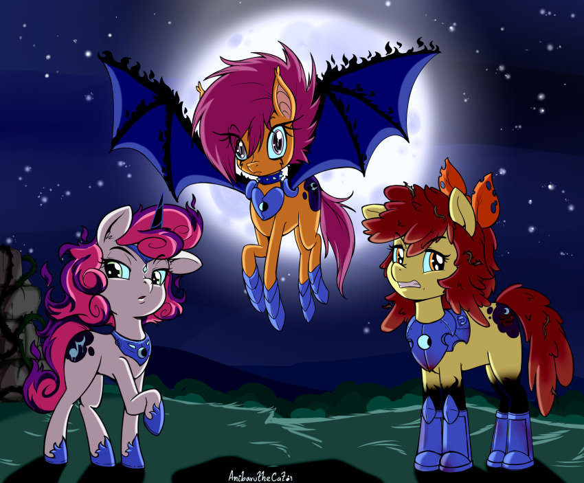 absurd_res anibaruthecat apple_bloom_(mlp) equid equine feral friendship_is_magic group hair hasbro hi_res horn mammal membrane_(anatomy) membranous_wings moon my_little_pony night red_hair scootaloo_(mlp) sweetie_belle_(mlp) trio unicorn wings