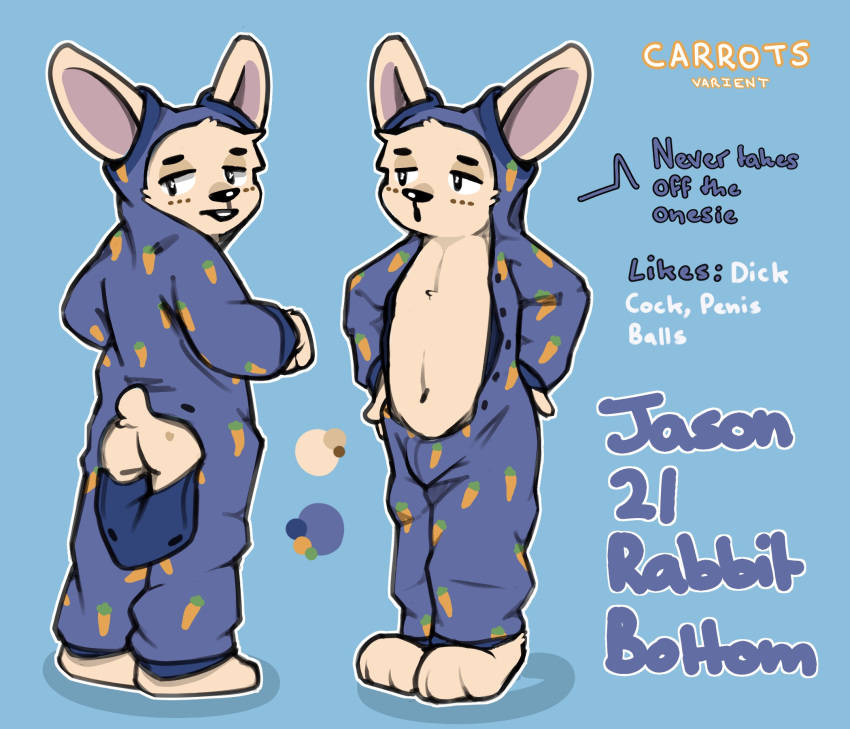 anthro big_ears black_eyes blue_background butt butt_flap chest_tuft clothing fur fur_markings hi_res jason_(spyromancer) lagomorph leporid looking_at_viewer looking_back looking_back_at_viewer male mammal markings model_sheet navel onesie onesie_only pajamas pajamas_only rabbit simple_background small_tail solo spots spyromancer tail tan_body tan_fur teeth tuft