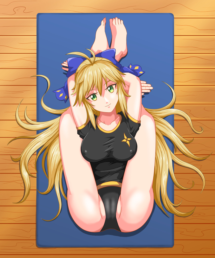 1girl absurdres ahoge arms_up artoria_caster_(fate) artoria_caster_(third_ascension)_(fate) artoria_pendragon_(fate) ass barefoot black_buruma blonde_hair blue_bow bow breasts buruma cleavage closed_mouth commission commissioner_upload fate/grand_order fate_(series) flexible folded gym_uniform heksaddict highres legs_behind_head non-web_source pretzel_pose solo