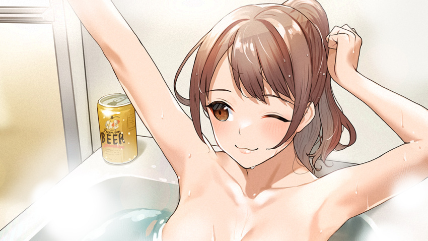 1girl alcohol armpits arms_up bath bathing bathroom bathtub beer beer_can blush breasts brown_eyes brown_hair can closed_mouth doushimasho glass_door indoors large_breasts one_eye_closed original ponytail sliding_doors steam stretching water wet