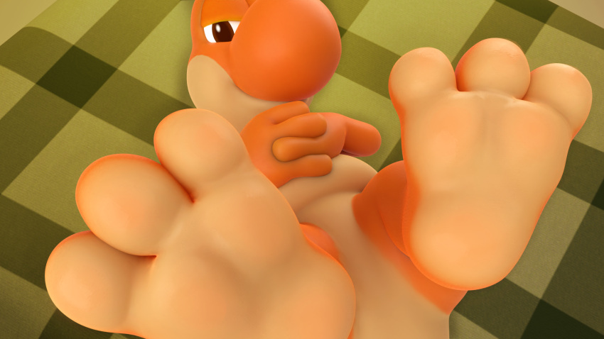 3_toes 3d_(artwork) anthro barefoot bed big_feet cinnamoncookies cookie_(cinnamoncookies) digital_media_(artwork) feet foot_fetish foot_focus furniture hi_res lying lying_on_bed mario_bros nintendo nude on_back on_bed orange_yoshi scalie solo toes yoshi