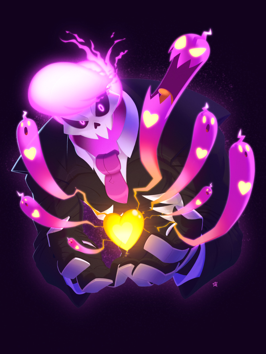 1boy english_commentary ghost gloves glowing glowing_eyes glowing_heart highres lewis_pepper mystery_skulls necktie open_mouth pink_hair purple_eyes skull suit theroomacattack yellow_eyes