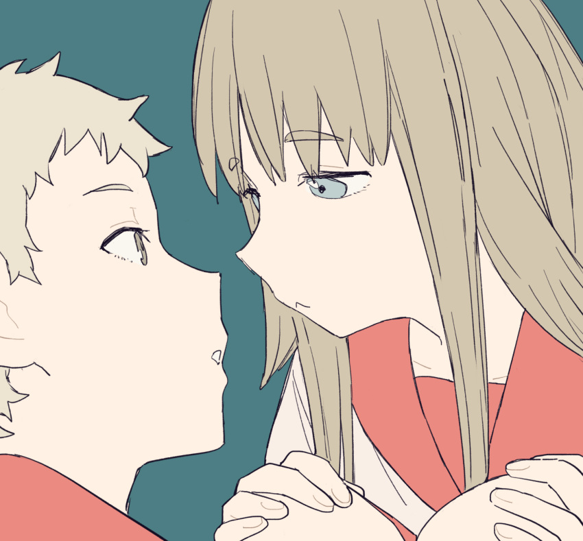 1boy 1girl :&lt; blue_background blue_eyes close-up coldcat. collarbone commentary eye_contact face-to-face flat_color from_side grey_eyes grey_hair hands_on_own_knees hetero highres imminent_kiss knees_to_chest light_brown_hair long_bangs long_hair looking_at_another maru_(tengoku_daimakyou) mimihime_(tengoku_daimakyou) parted_lips portrait raised_eyebrows red_sailor_collar sailor_collar shirt short_hair simple_background straight_hair teeth tengoku_daimakyou white_shirt