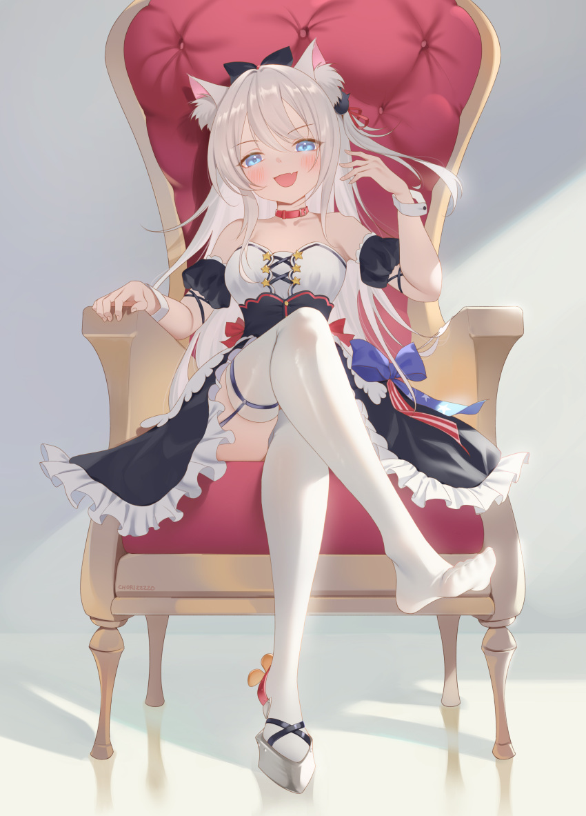 1girl :d absurdres american_flag american_flag_bow animal_ears apron azur_lane bare_shoulders black_dress blue_eyes blush breasts cat_ears cat_girl cat_hair_ornament collar corset cross-laced_clothes cross-laced_dress detached_sleeves dress fang frilled_dress frills full_body garter_straps hair_ornament hammann_(azur_lane) hand_up highres leg_up legs long_hair red_collar shoes single_shoe sitting small_breasts smile smug solo star_(symbol) star_button strapless strapless_dress thighhighs thighs upskirt very_long_hair waist_apron white_apron white_hair wrist_cuffs zzo_(chorizzzzo)