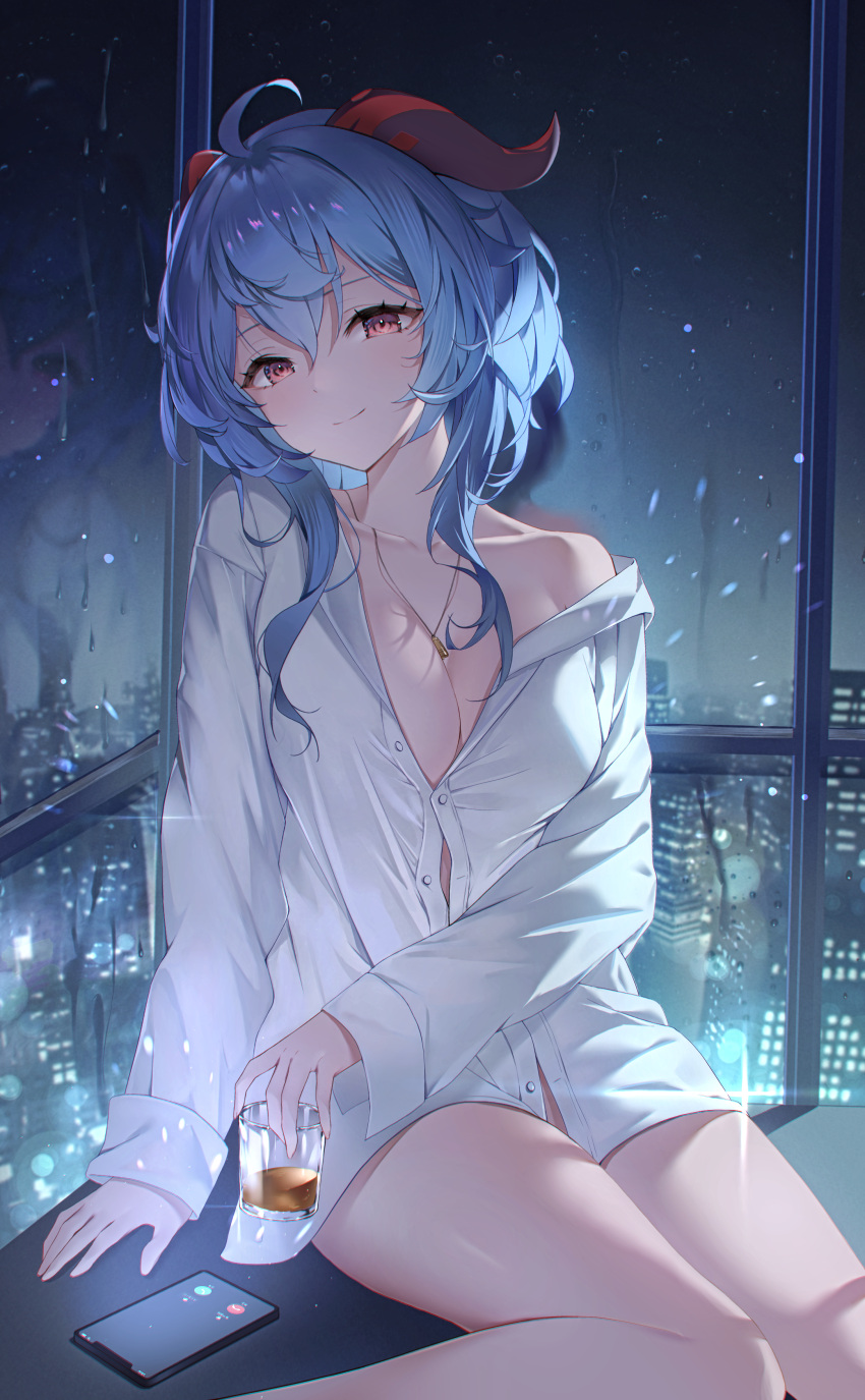 1girl absurdres ahoge alternate_costume bare_legs blue_hair breasts cellphone cityscape cleavage closed_mouth collared_shirt condensation contemporary cup dress_shirt drink drinking_glass eyelashes ganyu_(genshin_impact) genshin_impact goat_horns hair_between_eyes head_tilt highres holding holding_drink horns indoors jewelry large_breasts lel light_blush long_hair long_sleeves looking_at_viewer naked_shirt necklace night off_shoulder partially_unbuttoned phone red_eyes reflection shirt single_bare_shoulder sitting sleeves_past_wrists smartphone smile solo thighs white_shirt window