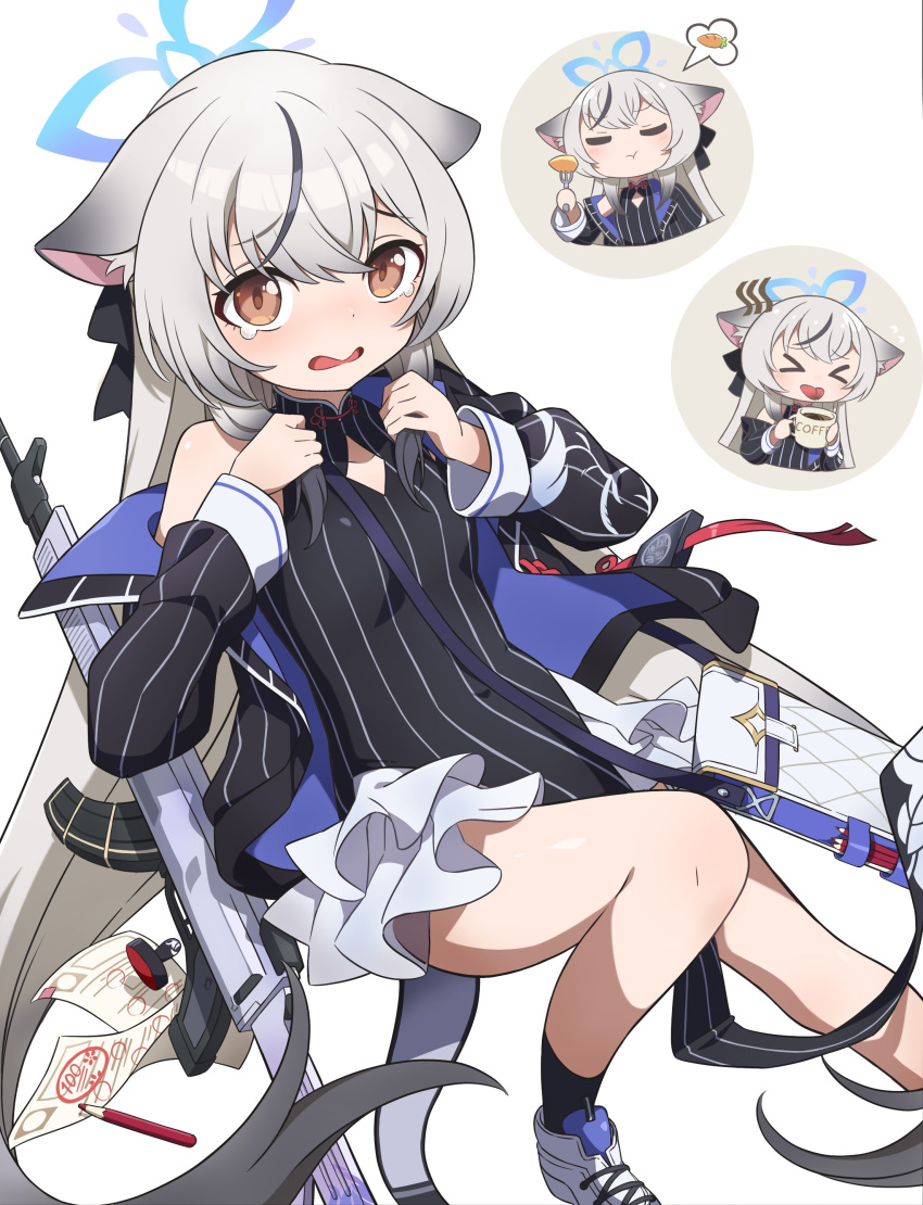&gt;_&lt; 1-4daithi 1girl absurdres animal_ear_fluff animal_ears assault_rifle bag biting black_dress black_jacket black_socks blue_archive breasts carrot chibi chibi_inset coffee commentary_request cup dress ears_down fork gradient_hair gun halo highres holding holding_cup holding_fork horse_ears ink_stamp jacket kokona_(blue_archive) lip_biting long_hair looking_at_viewer multicolored_hair open_clothes open_jacket open_mouth orange_eyes paper partial_commentary pelvic_curtain pencil rifle shoes shoulder_bag sleeveless sleeveless_dress small_breasts socks streaked_hair tearing_up tongue tongue_out very_long_hair weapon white_footwear white_hair