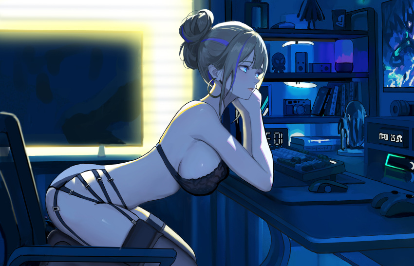 1girl absurdres black_bra black_panties black_thighhighs blonde_hair blue_eyes book bra breast_press breasts clock dark_room desk digital_camera digital_clock earrings figure fish_toucher from_side garter_straps hair_bun highres honkai:_star_rail honkai_(series) hoop_earrings indoors jewelry keyboard_(computer) kneeling large_breasts leaning_forward lips monitor mouse_(computer) multicolored_hair panties parted_lips serval_landau shelf sideboob skindentation solo streaked_hair swivel_chair thighhighs underwear underwear_only