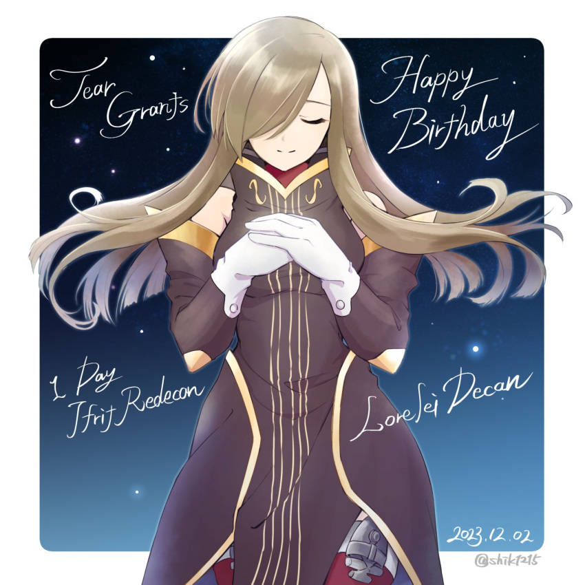 1girl bare_shoulders border brown_dress brown_sleeves character_name closed_eyes closed_mouth commentary_request cowboy_shot dated detached_sleeves dress english_text floating_hair gloves hair_over_one_eye happy_birthday high_collar highres knife light_particles long_hair one_eye_covered outside_border own_hands_together red_thighhighs shiki_123 sidelocks smile solo swept_bangs tales_of_(series) tales_of_the_abyss tear_grants thigh_strap thighhighs twitter_username white_border white_gloves