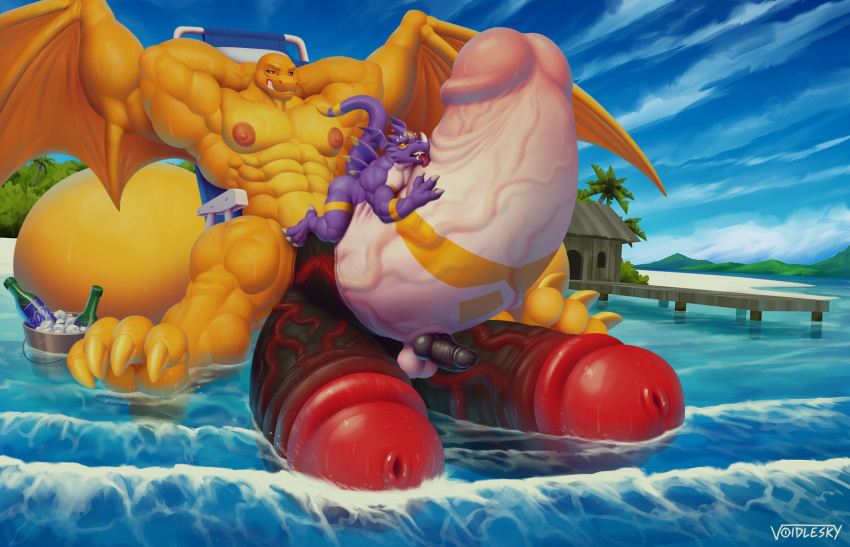 3_fingers 4_toes abdominal_bulge anal anal_penetration anthro balls beach beach_chair big_balls big_penis black_penis dragon dragoneer_(character) feet fingers foreskin genitals hi_res huge_balls huge_penis hyper hyper_balls hyper_genitalia hyper_penis laying_on_penis licking living_condom male multi_genitalia multi_penis muscular muscular_anthro muscular_male oral penetration penile penis penis_lick purple_body reilsss seaside sex size_difference tail toes tongue tongue_out tropical vein veiny_penis voidlesky water wings yellow_body