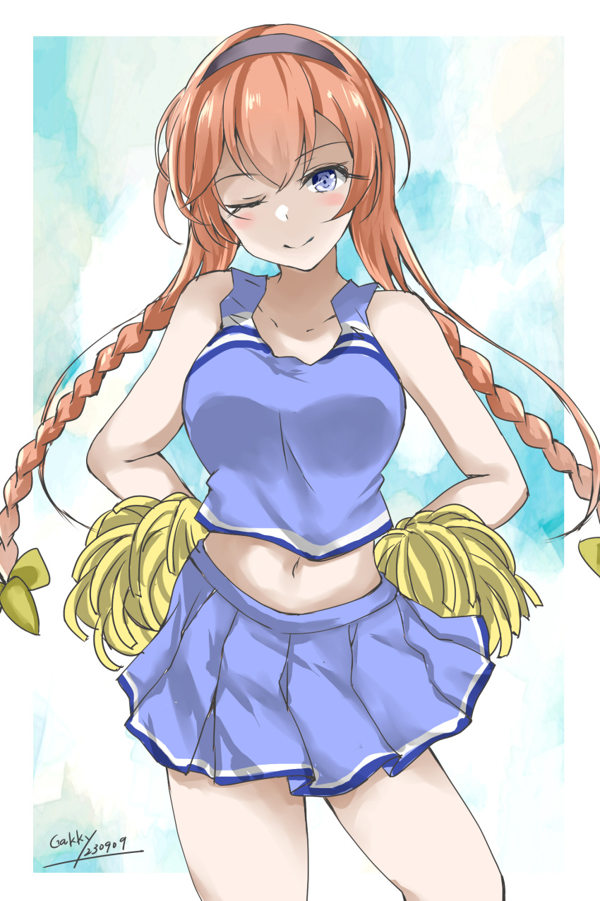 1girl blue_shirt blue_skirt blue_sky braid breasts cheerleader cloud gakky grey_eyes hair_ornament hairband hands_on_own_hips highres holding holding_pom_poms kantai_collection light_brown_hair long_hair medium_breasts navel one-hour_drawing_challenge one_eye_closed pleated_skirt pom_pom_(cheerleading) propeller_hair_ornament purple_hairband shirt skirt sky sleeveless sleeveless_shirt solo teruzuki_(kancolle) twin_braids