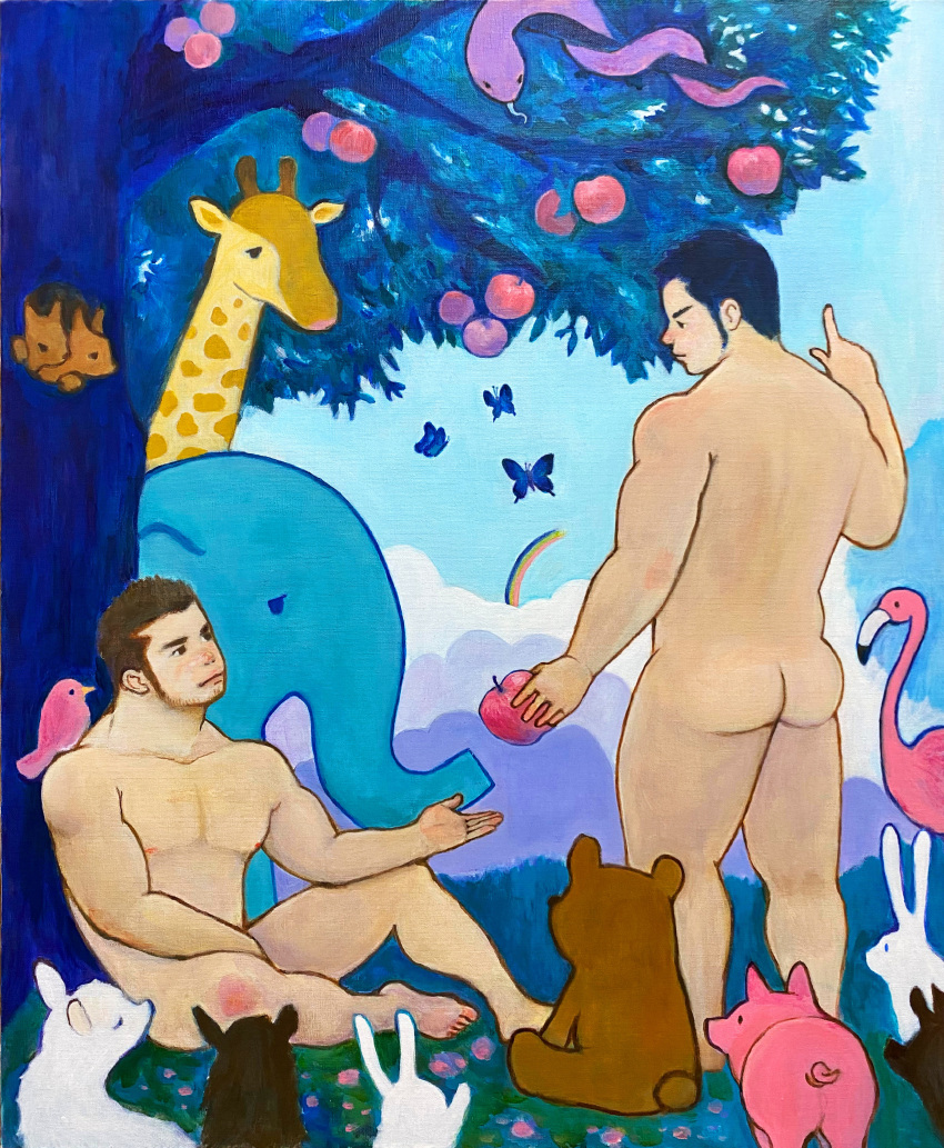 2boys absurdres against_tree animal_on_shoulder apple ass bara beard_stubble bird bird_on_shoulder black_hair blue_butterfly brown_hair bug butterfly cloud cloudy_sky completely_nude cub elephant expressionless eye_contact flamingo food forest fruit full_body giraffe giving_food goat highres holding holding_food holding_fruit in_tree light_smile long_sideburns looking_at_another male_focus multiple_boys muscular muscular_male nature nipples nude original painterly pectorals piglet rabbit rainbow red_apple short_hair sideburns sitting sky snake squirrel standing thick_eyebrows thick_thighs thighs torajiro_art tree yaoi