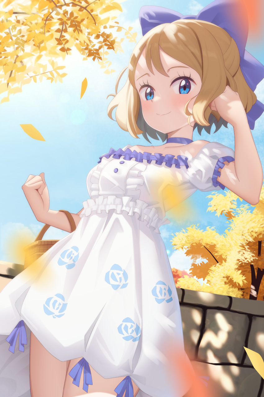 1girl absurdres basket blonde_hair blue_eyes blush bow brick_wall choker clenched_hand closed_mouth collarbone day dress eyelashes falling_leaves floral_print gazing_eye hair_bow highres leaf motion_blur outdoors pokemon pokemon_(anime) pokemon_the_movie:_diancie_and_the_cocoon_of_destruction pokemon_xy_(anime) purple_bow purple_choker serena_(pokemon) short_hair short_sleeves sky smile solo white_dress