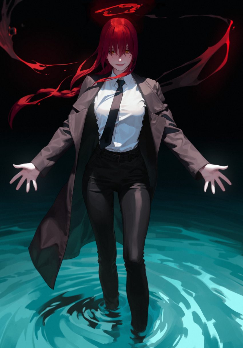 abbystea black_necktie black_pants blood_halo braid braided_ponytail business_suit chainsaw_man collared_shirt formal high-waist_pants highres long_hair long_sleeves makima_(chainsaw_man) necktie open_clothes open_shirt outstretched_arms pants red_hair shirt shirt_tucked_in suit water white_shirt