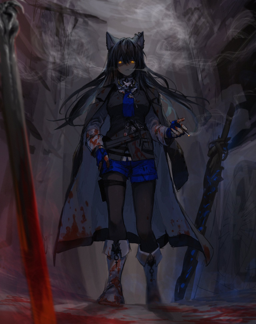1girl animal_ear_piercing animal_ears arknights black_hair black_vest blood blood_on_clothes blue_gloves blue_necktie blue_shorts boots cigarette coat coat_on_shoulders fingerless_gloves gloves glowing glowing_eyes highres holding holding_cigarette mutomorokoshi necktie pantyhose planted planted_sword shorts smoke smoking solo sword texas_(arknights) texas_the_omertosa_(arknights) thigh_strap vest weapon white_footwear wolf_ears wolf_girl yellow_eyes