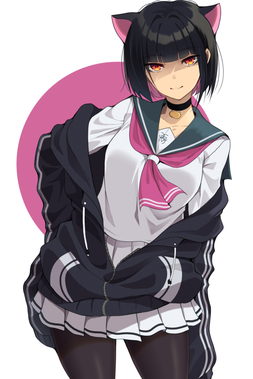 1girl animal_ears black_hair black_pantyhose blue_archive blue_jacket bob_cut breasts cat_ears choker hair_ornament hairclip highres jacket kazusa_(blue_archive) looking_at_viewer medium_breasts multicolored_hair pantyhose pink_hair pink_sailor_collar pleated_skirt sailor_collar school_uniform seductive_smile shirt shunga_(shun608) sidelocks skirt smile solo white_shirt white_skirt yellow_eyes