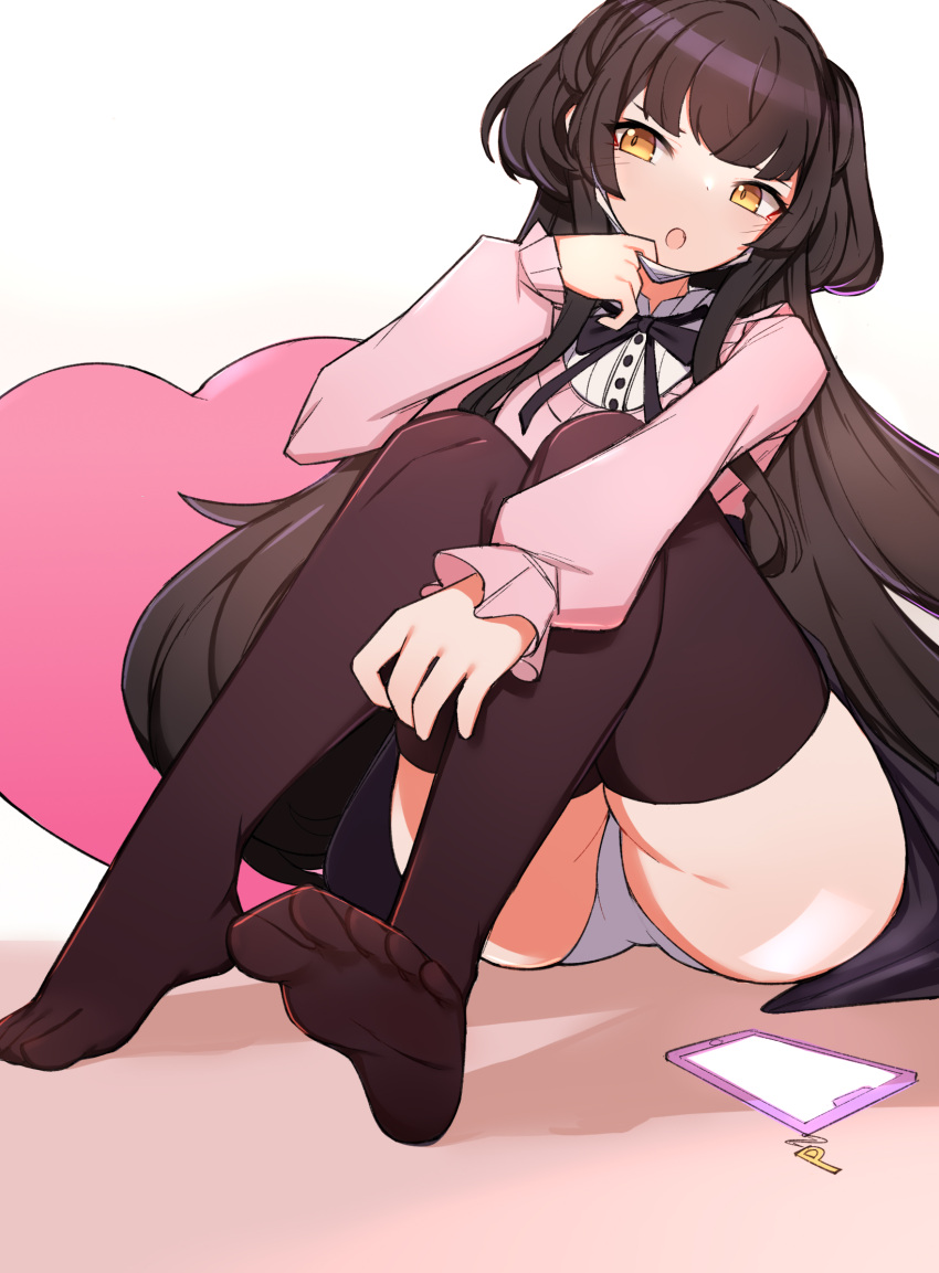 1girl black_bow black_hair black_skirt bow brown_thighhighs cellphone choumi_wuti_(xueye_fanmang_zhong) commentary_request hand_up heart heart_pillow highres idolmaster idolmaster_shiny_colors knees_up long_hair long_sleeves looking_at_viewer mask mask_pull mayuzumi_fuyuko mouth_mask no_shoes open_mouth panties phone pillow pink_sweater puffy_long_sleeves puffy_sleeves shirt sitting skirt sleeves_past_wrists soles solo surgical_mask sweater thighhighs two_side_up underwear very_long_hair white_background white_panties white_shirt yellow_eyes