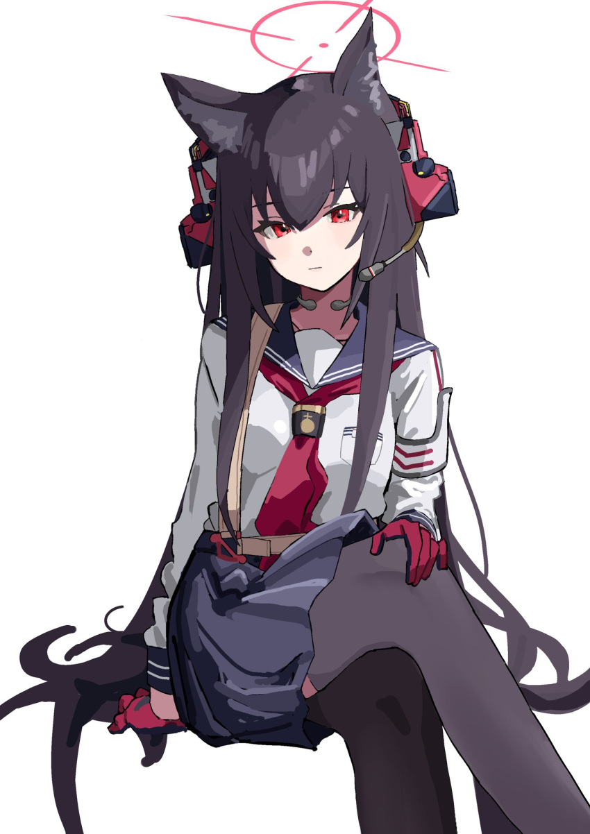 1girl animal_ears black_hair blue_archive blue_sailor_collar blue_skirt closed_mouth crossed_legs expressionless feet_out_of_frame fox_ears gloves hair_between_eyes headset highres invisible_chair long_hair long_sleeves looking_at_viewer neckerchief red_eyes red_gloves red_neckerchief sailor_collar school_uniform serafuku simple_background sitting skirt solo thighhighs throat_microphone tomotenasi_e white_background white_serafuku yukino_(blue_archive)