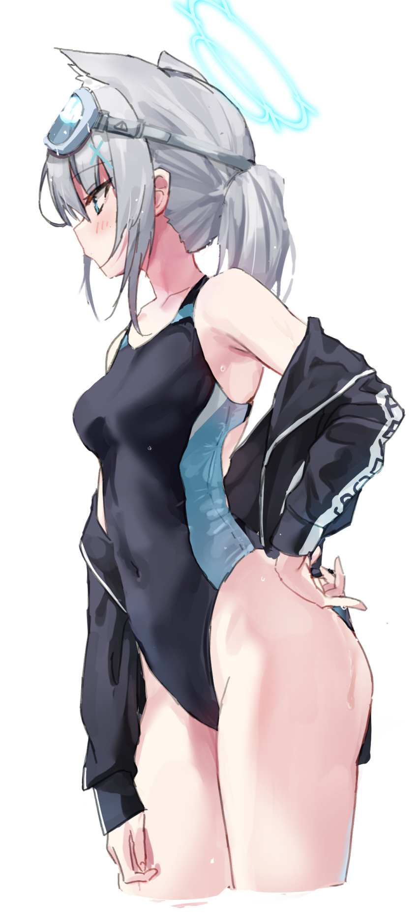1girl absurdres animal_ears black_jacket black_one-piece_swimsuit blue_archive blush breasts character_request closed_mouth collarbone competition_swimsuit covered_navel cowboy_shot cropped_legs eyewear_on_head from_side goggles goggles_on_head grey_hair hair_between_eyes halo hand_on_own_hip highleg highleg_swimsuit highres jacket long_hair long_sleeves medium_breasts off_shoulder one-piece_swimsuit open_clothes open_jacket ponytail sidelocks simple_background solo standing swimsuit thighs toshizou_(0714) white_background