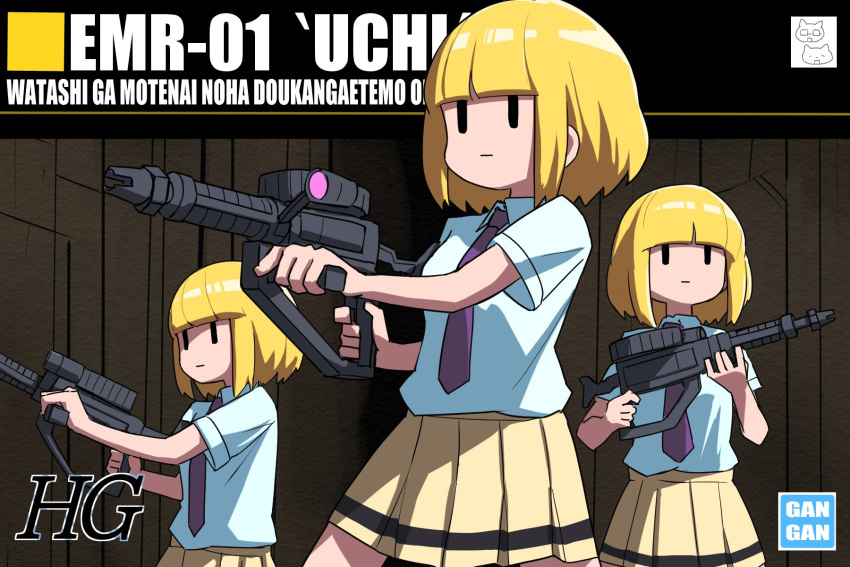 1girl black_eyes blonde_hair blunt_bangs character_name closed_mouth copyright_name gun gundam highres holding holding_gun holding_weapon multiple_views necktie parody pleated_skirt shirt short_hair short_sleeves skirt uchi_emiri watashi_ga_motenai_no_wa_dou_kangaetemo_omaera_ga_warui! weapon white_shirt yachima_tana yellow_skirt