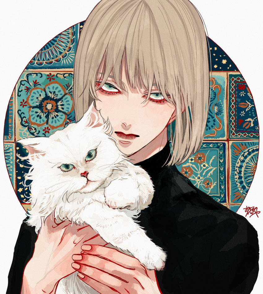 1boy absurdres animal black_shirt blonde_hair bob_cut cat closed_mouth commentary fingernails green_eyes highres holding holding_animal holding_cat kagoya1219 looking_at_viewer male_focus original outside_border pet sanpaku shirt short_hair signature solo straight_hair turtleneck upper_body white_cat