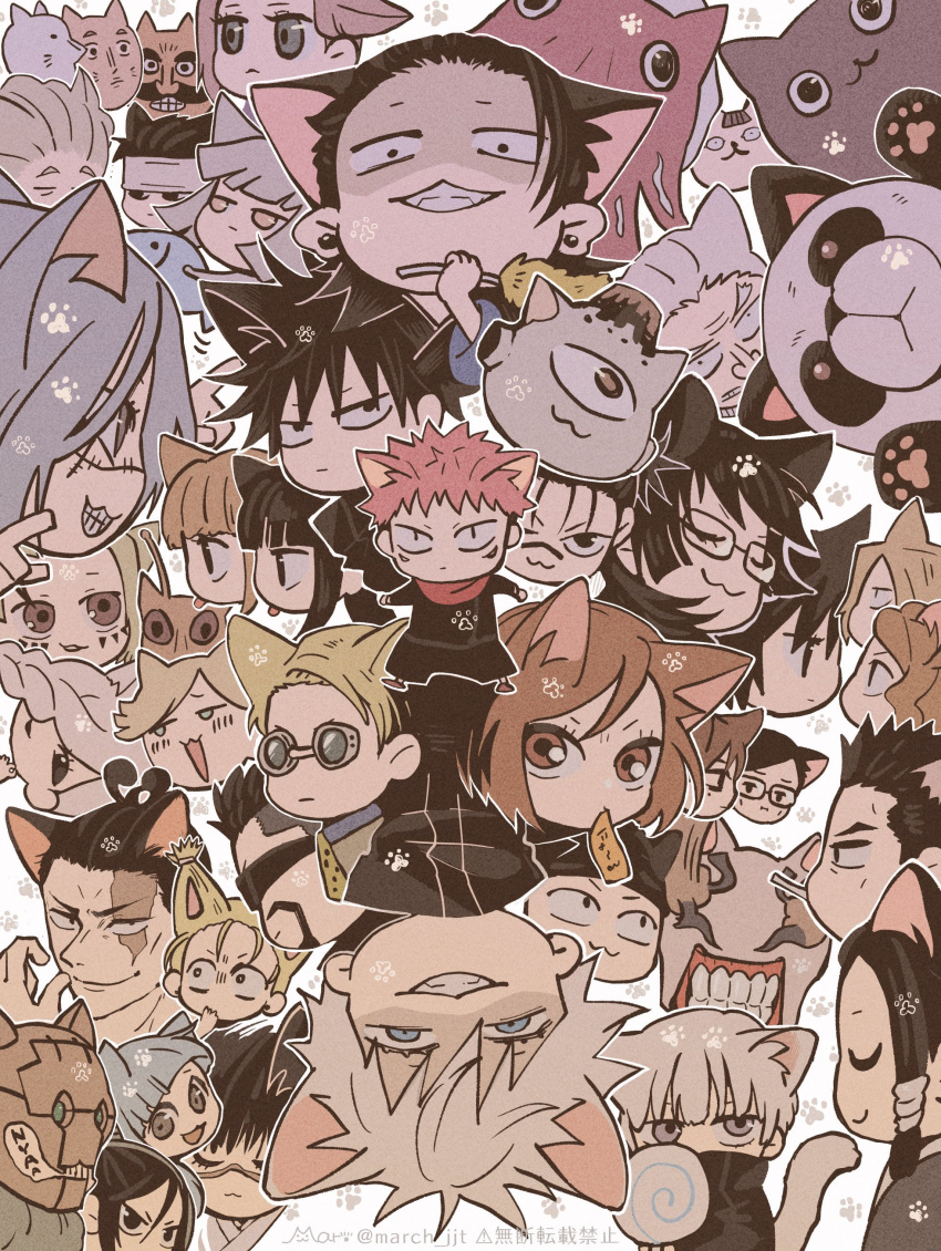 6+boys 6+girls :3 absurdres animal animal_ears black_eyes black_hair black_jacket blue_eyes brown_eyes brown_hair cat_boy cat_ears cat_girl character_request choso_(jujutsu_kaisen) closed_eyes cyclops dagon_(jujutsu_kaisen) ear_piercing everyone fushiguro_megumi getou_suguru glasses gojou_satoru grin hanami_(jujutsu_kaisen) hand_up highres ijichi_kiyotaka ino_takuma iori_utahime itadori_yuuji jacket jogo_(jujutsu_kaisen) jujutsu_kaisen kamo_noritoshi kugisaki_nobara kusakabe_atsuya long_hair mahito_(jujutsu_kaisen) mar_(march_jjt) mei_mei_(jujutsu_kaisen) mimiko_(jujutsu_kaisen) miwa_kasumi monster multiple_boys multiple_girls muta_kokichi nanako_(jujutsu_kaisen) nanami_kento nishimiya_momo one-eyed panda_(jujutsu_kaisen) piercing pink_hair profile short_hair smile teeth toudou_aoi_(jujutsu_kaisen) ui_ui_(jujutsu_kaisen) white_background yaga_masamichi zen'in_mai zen'in_maki zen'in_naobito