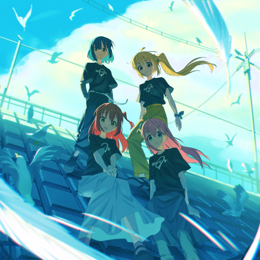 4girls ahoge belt bird black_shirt blonde_hair blue_hair bocchi_the_rock! clothes_writing commentary day expressionless gotou_hitori hair_between_eyes hand_in_pocket hands_on_own_knee highres ijichi_nijika jdge kita_ikuyo long_hair long_skirt looking_at_viewer mole mole_under_eye multiple_girls one_side_up outdoors pants pink_hair power_lines red_hair shirt short_hair short_sleeves side_ponytail skirt smile standing white_skirt wind yamada_ryou yellow_pants