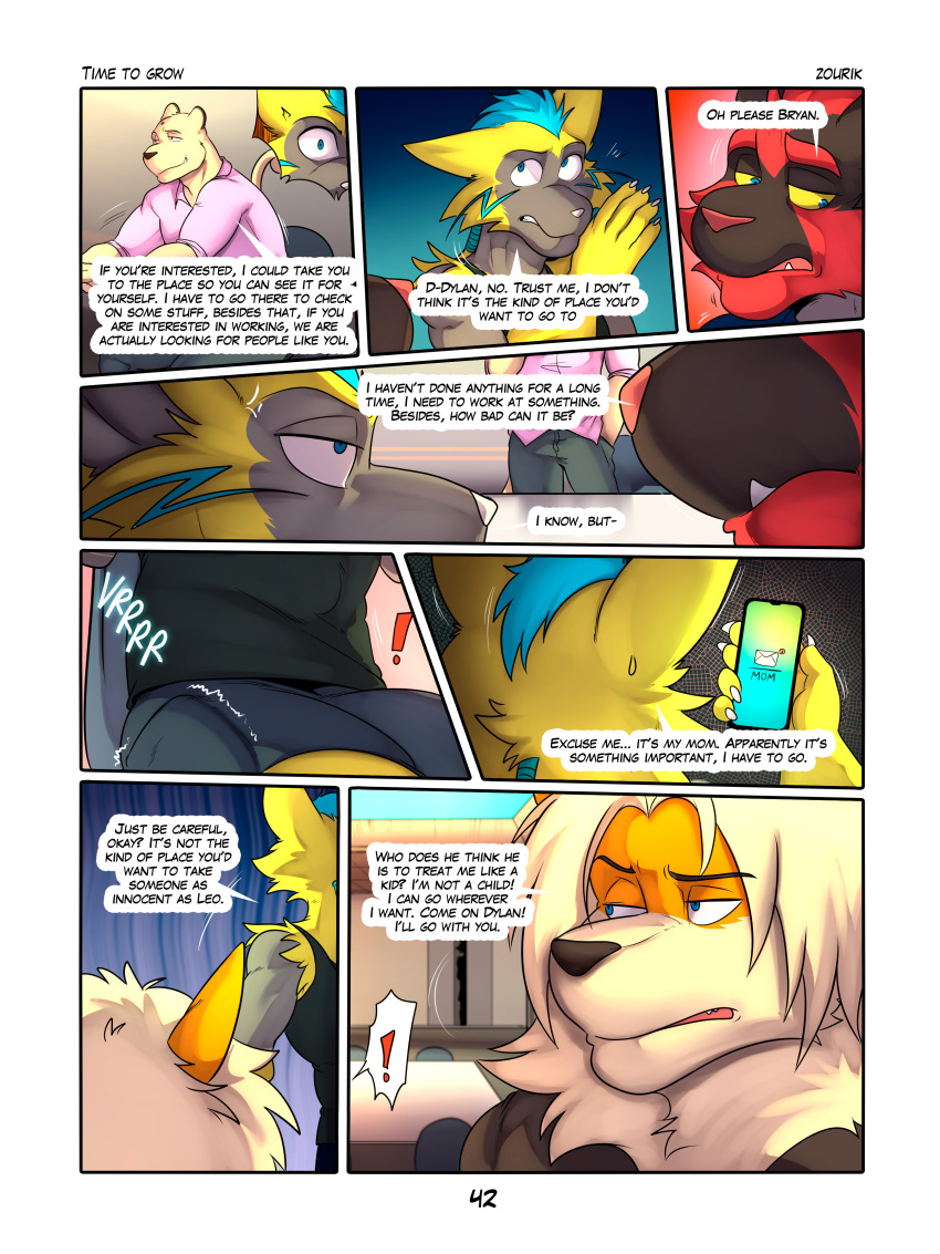 absurd_res anthro anthrofied arcanine blue_eyes bryan_(zourik) canid canine clothed clothing comic dialogue digital_media_(artwork) dylan_(zourik) english_text exclamation_point fur generation_1_pokemon generation_7_pokemon group hair hi_res incineroar legendary_pokemon leo_(zourik) male mammal muscular muscular_anthro muscular_male nintendo persian_(pokemon) phone pokemon pokemon_(species) red_body red_fur text topwear yellow_body yellow_fur zack_(zourik) zeraora zourik