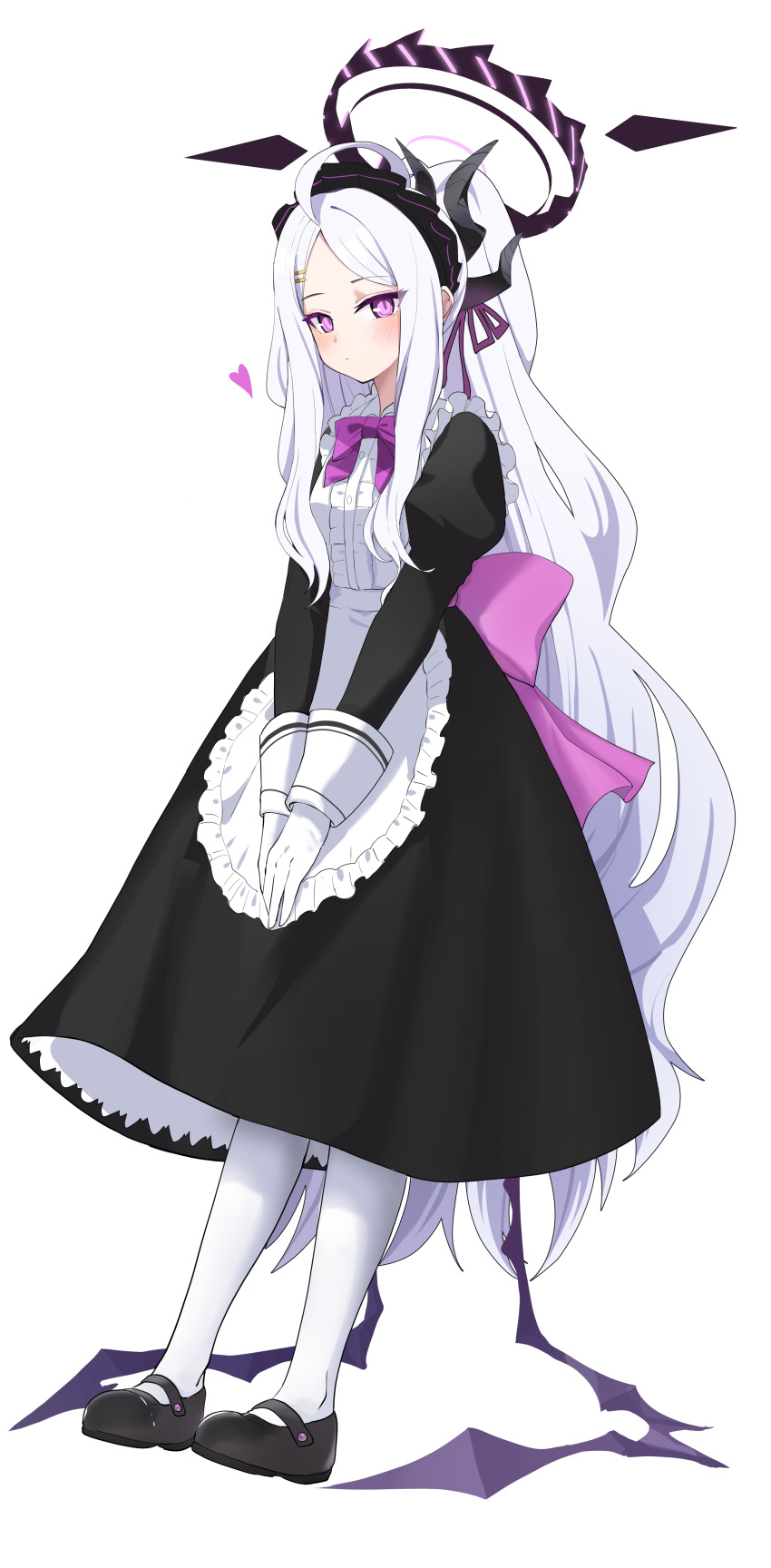 1girl absurdres ahoge alternate_costume apron black_footwear blue_archive commentary_request demon_girl demon_horns demon_wings enmaided forehead frilled_apron frills full_body gloves hair_ornament hairclip halo highres hina_(blue_archive) horns inapple long_hair long_sleeves looking_at_viewer maid maid_apron maid_headdress mary_janes pantyhose parted_bangs ponytail purple_eyes shoes sidelocks simple_background solo standing v_arms wavy_hair white_apron white_background white_gloves white_hair white_pantyhose wings