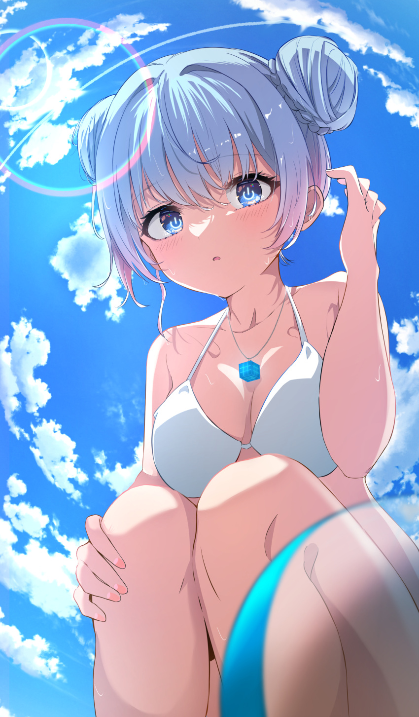 absurdres blue_eyes blue_hair cloud cloudy_sky from_below ganbauruwa hair_between_eyes hair_bun highres monster_strike neo_(monster_strike) sidelocks sky squatting swimsuit