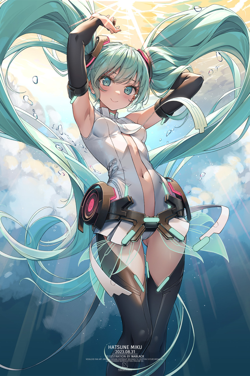 1girl absurdly_long_hair aqua_eyes aqua_hair armpits arms_up ass_visible_through_thighs bare_shoulders birthday breasts bridal_gauntlets center_opening closed_mouth elbow_gloves feet_out_of_frame gloves hatsune_miku hatsune_miku_(append) highres hip_gear kuro-kun_(nablack) long_hair looking_at_viewer midriff navel necktie smile solo swept_bangs thigh_gap thighhighs twintails underwater very_long_hair vocaloid vocaloid_append