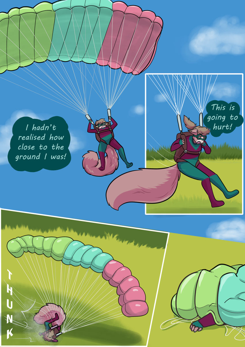 2023 babystar comic detailed_background english_text female fur gemma_polson goggles_on_face hair hi_res mammal onomatopoeia outside parachute rodent sciurid solo sound_effects speech_bubble tail text tree_squirrel