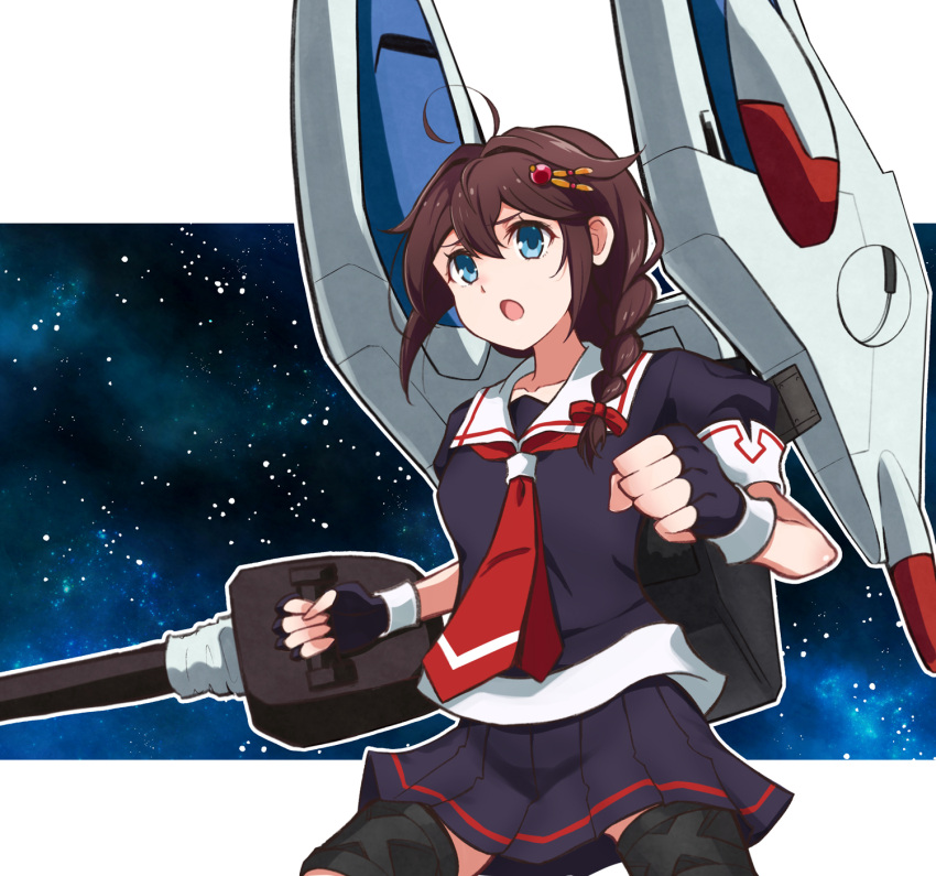 1girl adapted_turret ahoge black_gloves black_serafuku black_shirt black_skirt blue_eyes braid brown_hair cannon commentary_request gloves gundam hair_flaps hair_over_shoulder highres kantai_collection kuroten long_hair machinery neckerchief pleated_skirt red_neckerchief sailor_collar school_uniform serafuku shigure_(kancolle) shigure_kai_ni_(kancolle) shirt single_braid skirt solo thigh_strap turret v_gundam victory_gundam white_sailor_collar