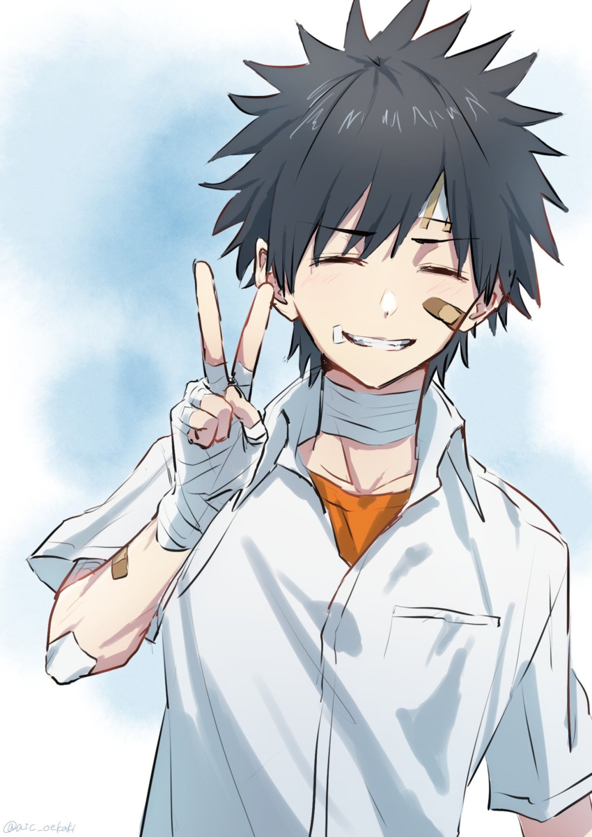 1boy a_certain_high_school_uniform aic_oekaki bandaged_hand bandages bandaid bandaid_on_face black_hair closed_eyes collarbone collared_shirt commentary_request hand_up highres kamijou_touma male_focus orange_shirt school_uniform shirt short_hair short_sleeves smile solo spiked_hair summer_uniform teeth toaru_majutsu_no_index upper_body v white_shirt