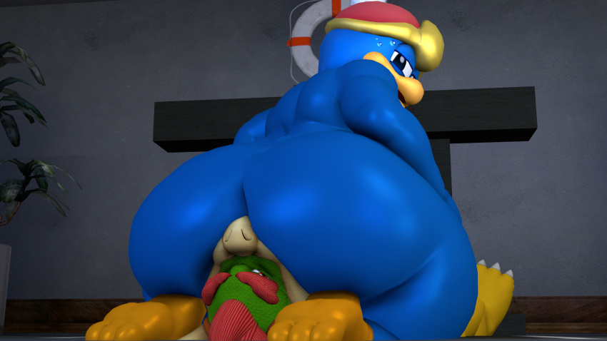 anal anthro avian big_butt bird blue_body blue_skin bodily_fluids bowser butt butt_sniffing duo face_in_ass facesitting hi_res inside king_dedede kirby_(series) koopa looking_away male male/male mario_bros mostly_nude mrrainbow nintendo oral overweight penguin plant rimming scalie sex sitting_on_another sniffing sweat thick_thighs
